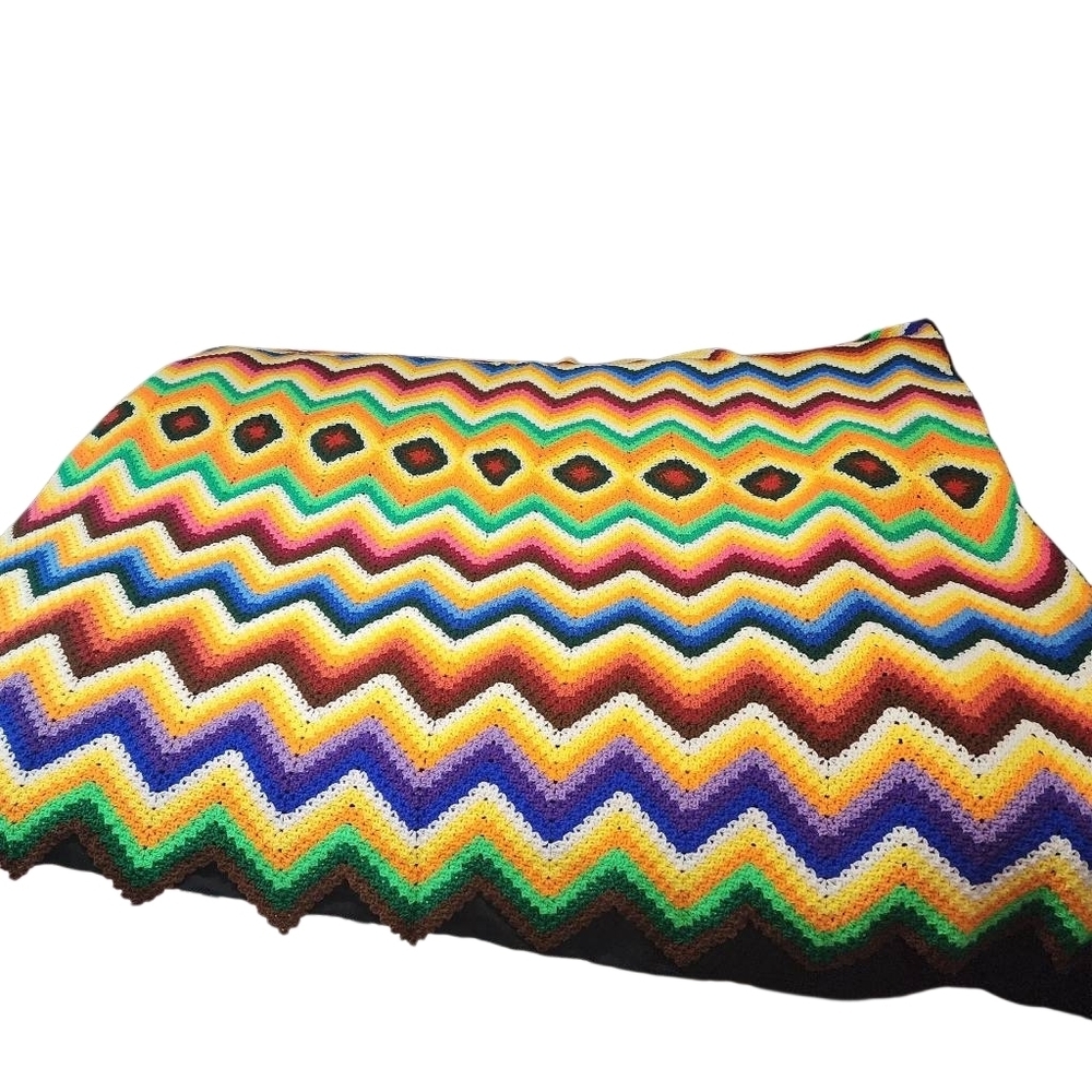 Handcrafted Crocheted Colorful Chevron Patterned Blanket